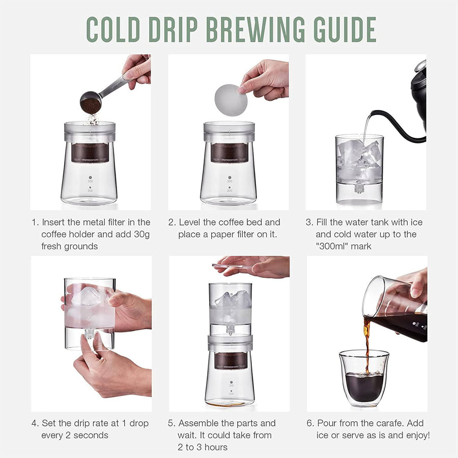 cold brew coffee maker, cold water dripping on fresh ground coffee