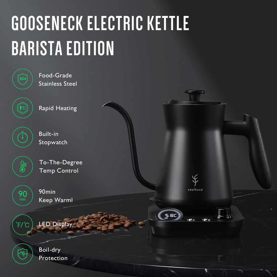Gooseneck Electric Pour-Over Kettle, Temperature Variable Stainless Steel Kettle - Black